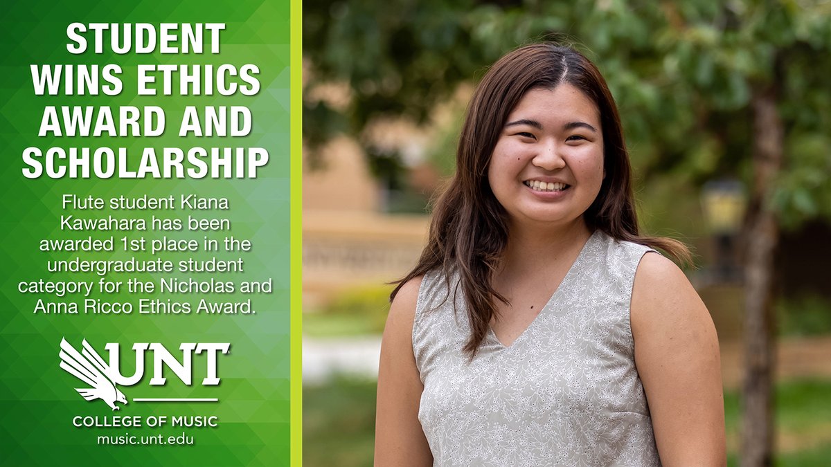 STUDENT WINS ETHICS AWARD AND SCHOLARSHIP: Flute student and College of Music Ambassador Kiana Kawahara has been awarded 1st place in the undergraduate student category for the Nicholas and Anna Ricco Ethics Award for the 2023-2024 academic year.