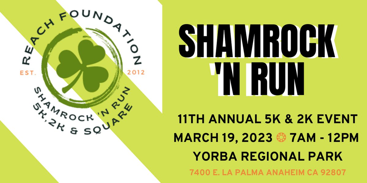Mark your calendars: The REACH Foundation's annual ShamRock 'N Run 5K &amp; 2K is coming soon! 🏃‍♂️ #PYLUSD

🗓 Mar. 19, 2023
⏰ 7 a.m. to 12 p.m.
📍 Yorba Regional Park in Anaheim
 ❓ reach4pylusd.org