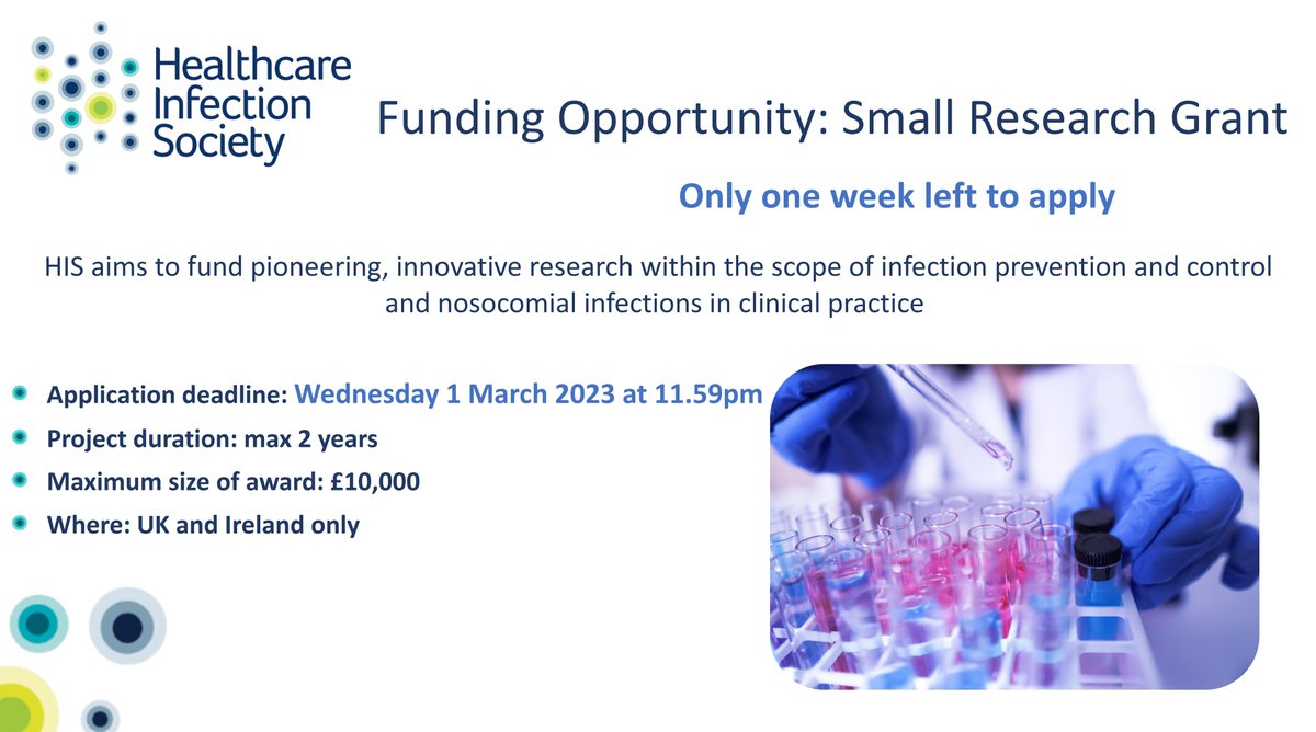 HIS_infection's tweet photo. Thereโs only one week left to apply for a ยฃ10,000 HIS Small Research Grant.
Submit your IPC research proposal by Wednesday 1 March at 11.59 pm.
Find out more here โก๏ธ https://t.co/G6lnWuUIHL
#IPC #research #fundingopportunity #applynow #dontmissout #grant #notlongleft https://t.co/GNwH3xf0OQ