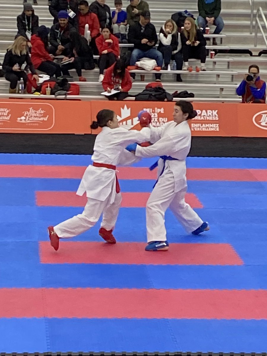 #teamnl Emma Pittman wins first bout over Team Sask. “Kumite” is where two competitors face off performing defensive and offensive techniques in a standing competition. Competitors can use punches, kicks or takedowns against their opponents.