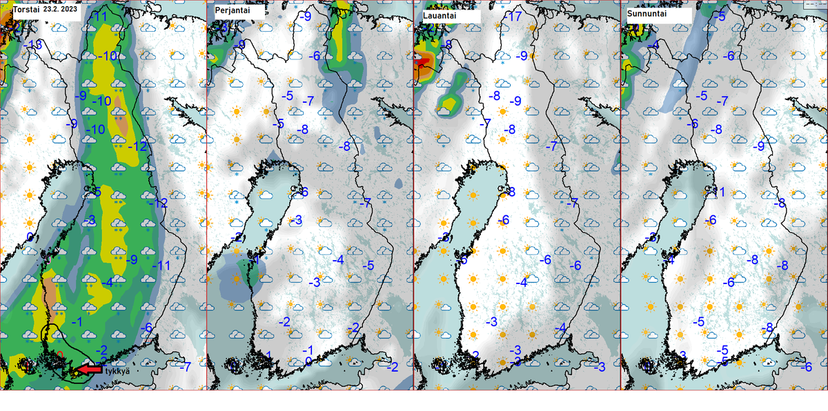 meteorologit's tweet photo. Huomenna torstaina sataa lunta (kertymä 4-10 cm). Lounaassa lämpötila kohoaa nollan vaiheille ja siellä puihin tarttuva #lumi voi aiheuttaa paikoin puustovahinkoja ja sähkökatkoksia. Myös #ajokeli on huono. Kun siitä selvitään, viikonlopun #sää näyttää ulkoiluun sopivalta 🌤️⛷️ https://t.co/U9g9XuwymT