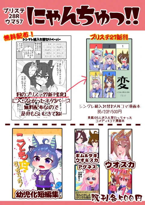プリステ28Rのおしながきです!
新作は「フクキタル御守型キーホルダー」
シングレ組入れ替わり漫画のフリーペーパーもあります!
スペースは【ウマ57】
当日はよろしくお願いします!
#プリステ28R 