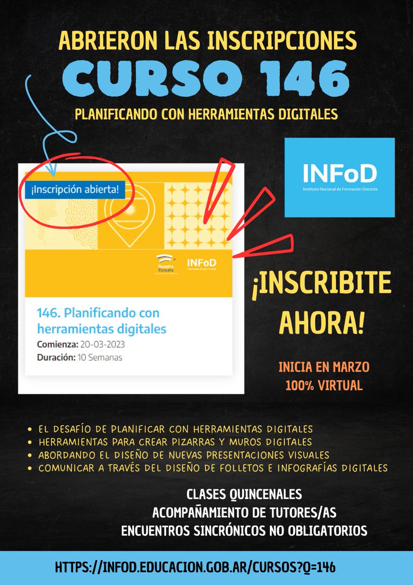 MarielaZK's tweet photo. Inscripciones para docentes habilitadas. "Planificando con Herramientas Digitales" #INFoD https://t.co/R4obL3faGQ https://t.co/mkXw7jNtEl
