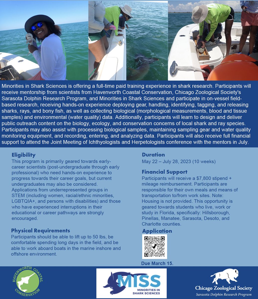 We're pleased to partner once again with <a href="/MISS_Elasmo/">Minorities in Shark Sciences (MISS)</a> and <a href="/CoastalElasmos/">Havenworth Coastal Conservation</a> to offer the Eugenie Clark Field Research Skills and Leadership Program. Applications for this PAID internship due March 15.