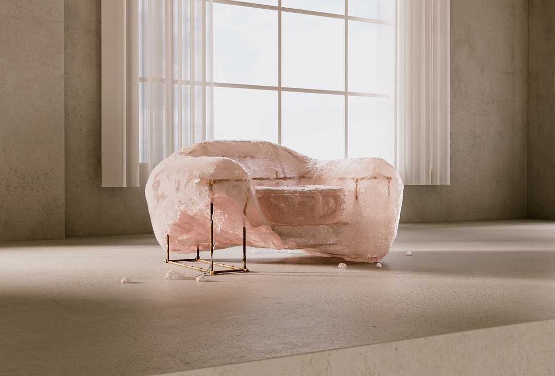 The Salina Armchair.
Part 1. The Harvest.

Salts from the pink lake slowly creep upon the rusted steel frames. The environments temperature rises, crystallisation quickens. The shape of the Salina starts to form. Once complete, it will be harvested and taken back for production.