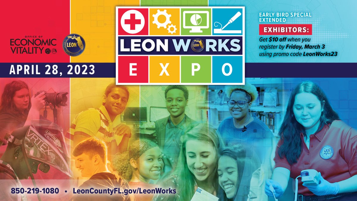 LeonCounty's tweet image. Is your business looking to engage with the next generation to expand your skilled workforce? Look no further! Register for the 2023 Leon Works Expo at LeonCountyFL.gov/LeonWorks. Use promo code “LeonWorks23” for $10 off your registration before March 3! #WorkforceOfTheFuture