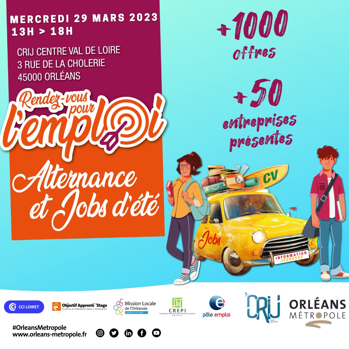 👍Le Fourm Alternance et Jobs d'été, c'est le mercredi 29 mars 2023 13h - 18h au CRIJ. La Mission Locale de l'Orléanais y participe