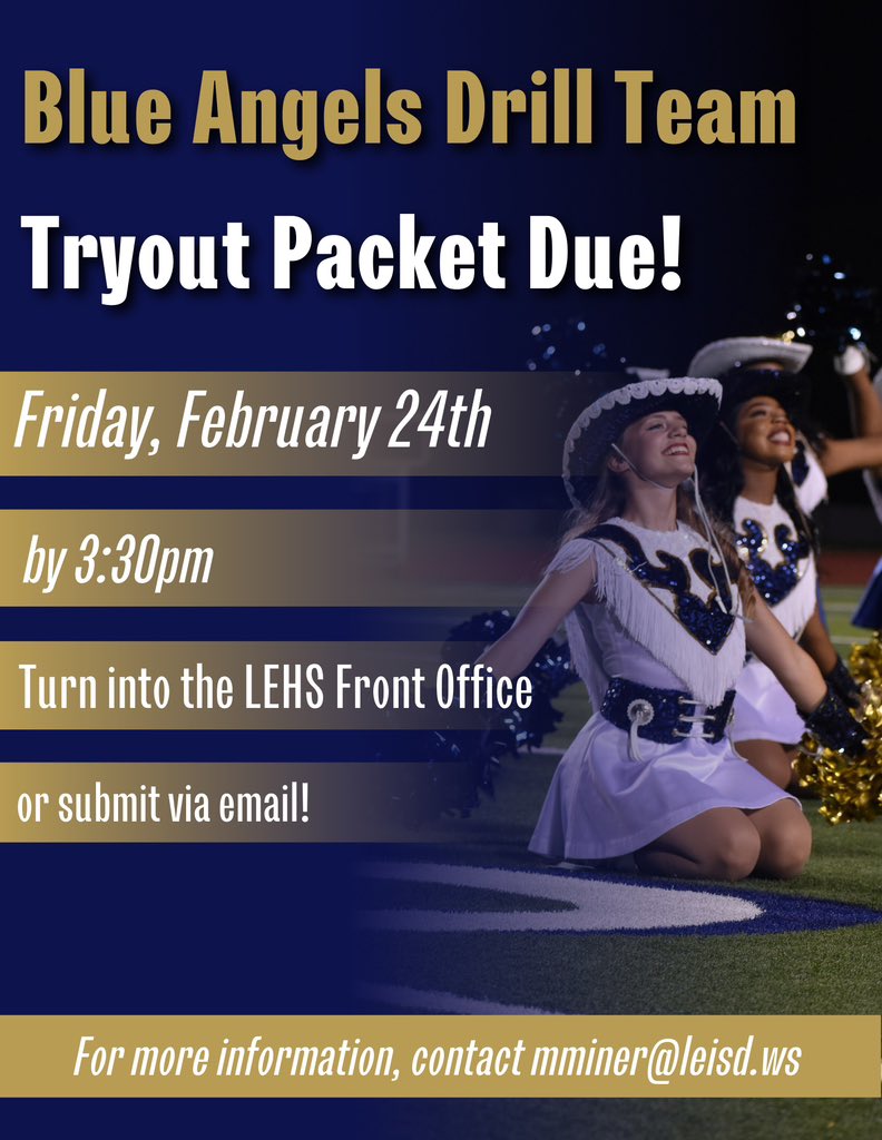 The deadline to submit tryout packets for the 2023-2024 Blue Angels Drill Team is fast approaching. Don’t miss out on this opportunity to be a part of this AMAZING team! 💙💛🤍