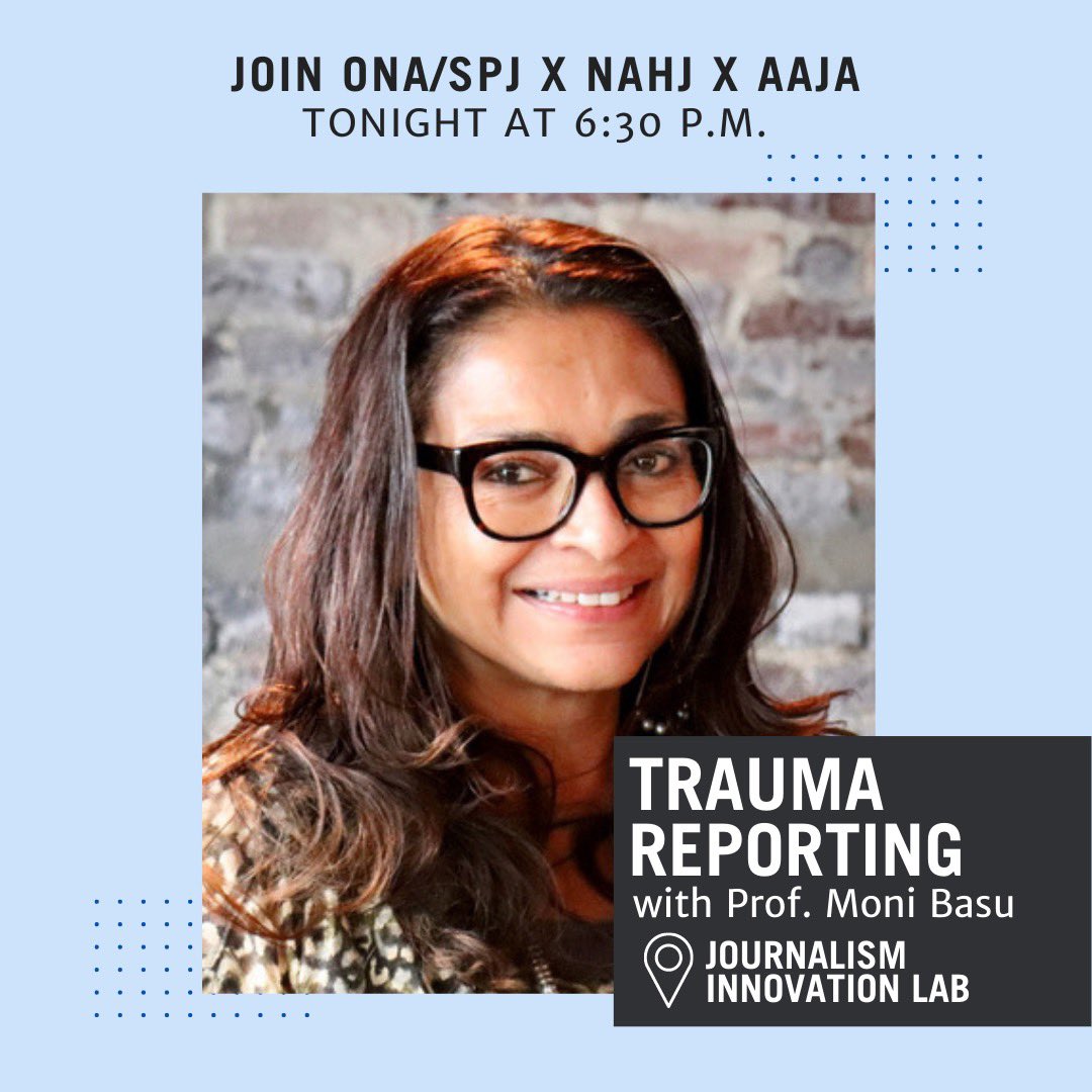 ‼️Tonight‼️

Join us, NAHJ and AAJA for an event about trauma reporting featuring guest speaker Professor Moni Basu.

⏱️: 6:30 p.m.
📍: Journalism Innovation Lab

You don’t want to miss this!