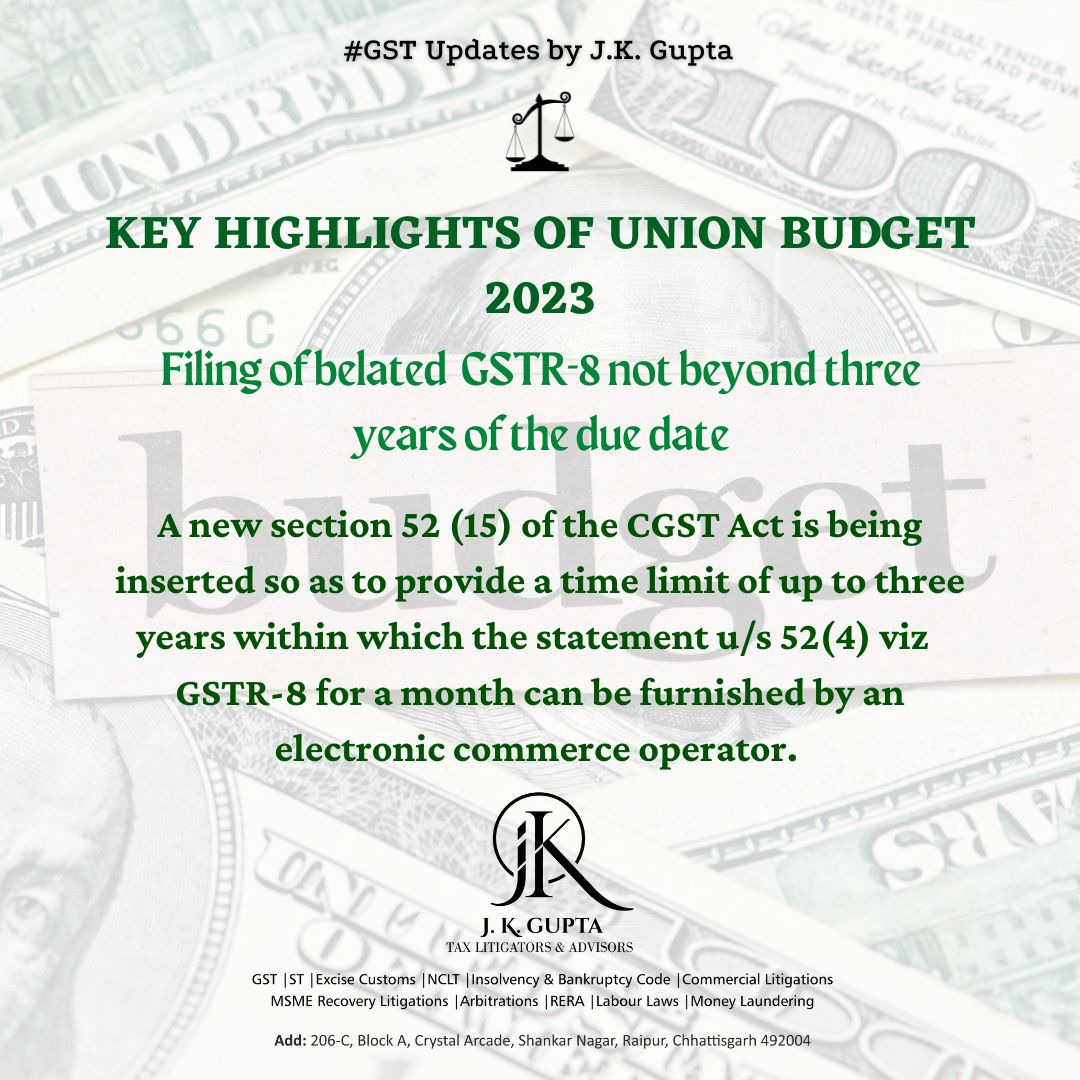Filing of belated  GSTR-8 not beyond three years of the due date
#gst #gstupdate #gstindia #jkg #jkgupta #budgetupdate2023 #Budget2023 #UnionBudget2023
