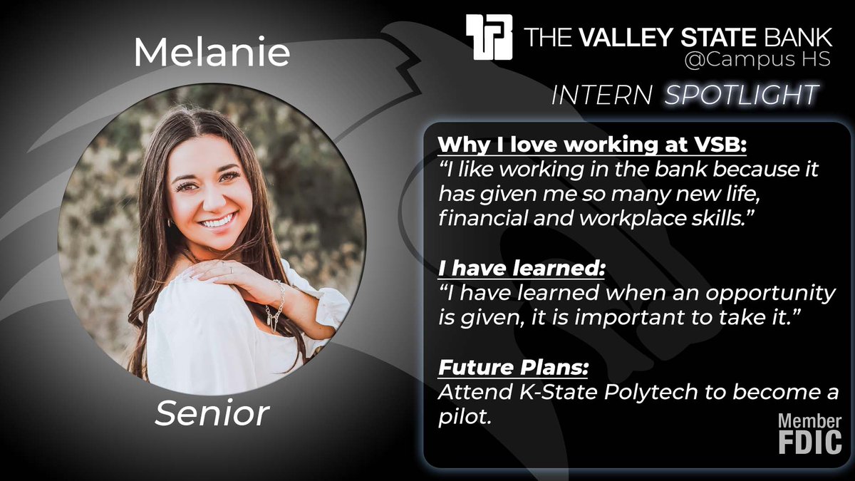 valleystatebank's tweet photo. In addition to serving students and staff at our @USD261 Campus High School educational branch, our interns help provide financial education to their peers. Meet Melanie! https://t.co/rpaLVeszfR