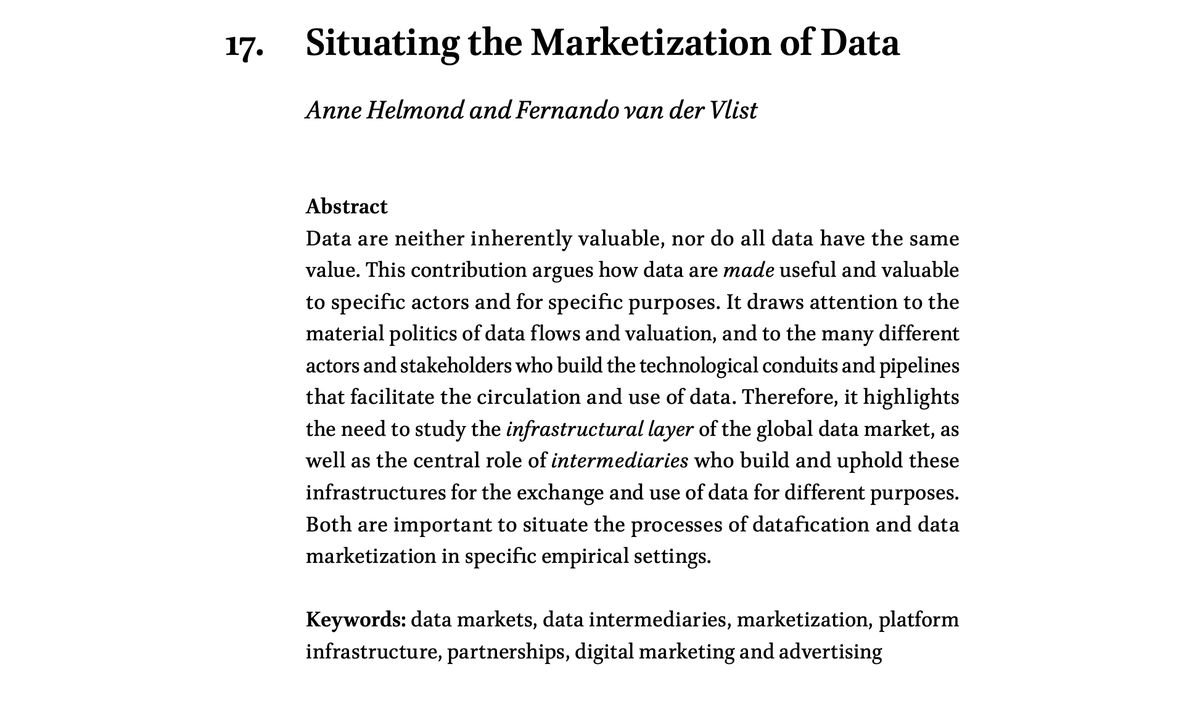 In 'Situating the Marketization of Data' <a href="/fvandervlist/">Fernando van der Vlist | @fvandervlist.bsky.social</a> and I focus on the infrastructural layer and intermediaries of the global data market. Published in Situating Data: Inquiries in Algorithmic Culture (eds. @kfvanes &amp; Verhoeff). Open access (🔓): dspace.library.uu.nl/handle/1874/42…