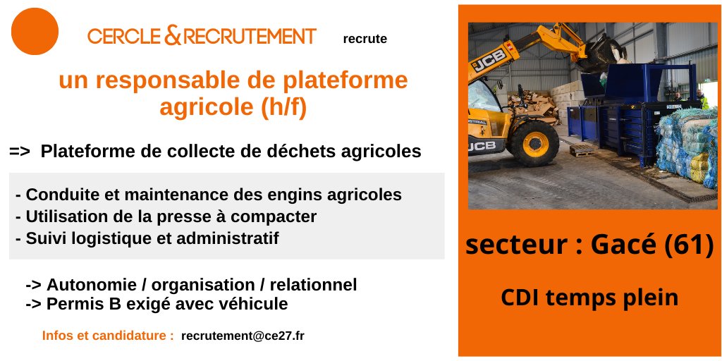 CercledEchanges's tweet image. @CercledEchanges spécialisé dans le #Recrutement en #agriculture recherche un responsable de plateforme : collecte des déchets #plastic et utilisation de la #presse #Maintenance poste en #CDI secteur Gacé @ornedepartement @RegionNormandie @Agri_Normandie @reussir @FranceAgricole