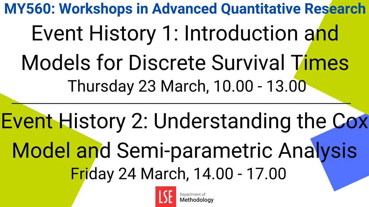 LSEMethodology's tweet photo. A new two-part #quantitative workshop is live! 🎟️

Sign up for Event History 1 on 23 March ➡️ LSE: https://t.co/eARLL8wTmM | External: https://t.co/HZvofKtP0N

Sign up for Event History 2 on 24 March➡️ LSE:  https://t.co/FfC0xiBeQl | External: https://t.co/UsOUY0JY3B https://t.co/rKirI60BIo