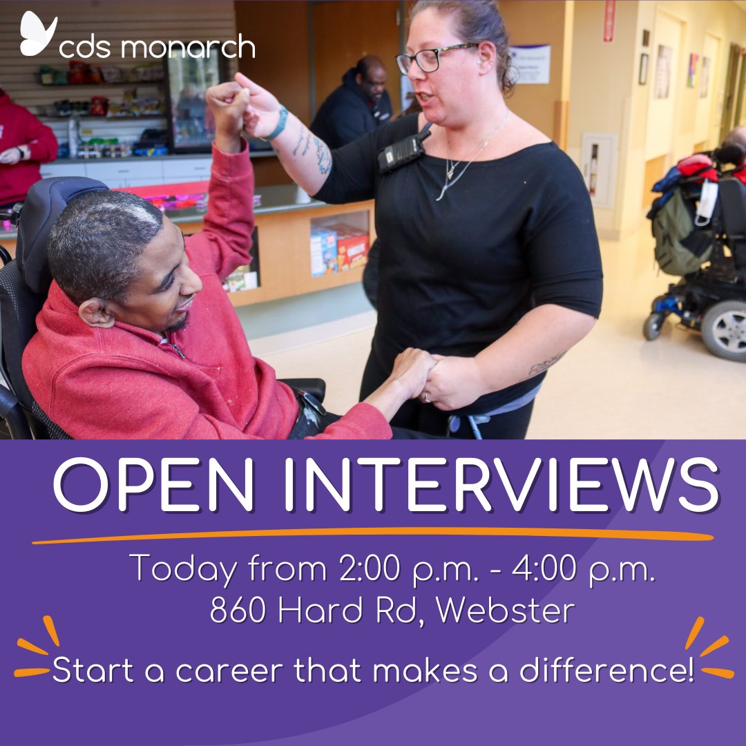 It is Wednesday, which means it is time for Open Interviews! Start a career that makes a difference with CDS Monarch. Stop by our headquarters at 860 Hard Rd, anytime between 2:00 p.m. and 4:00 p.m. to learn more and get interviewed!