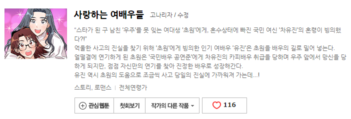 네이버 목요웹툰 내가 사랑하는 여배우들
이거 진짜 재미있는데ㅠㅠ
처음엔 여주가 혼수상태인 배우 도와주려고
자기몸에 빙의하게 해주면서 여차저차 연기하게되는데
시간이 지날수록 진심으로 연기하는거에 재미와 매력을 느껴 배우로 성장하는 얘기에용https://t.co/o6hDw3VmBB 