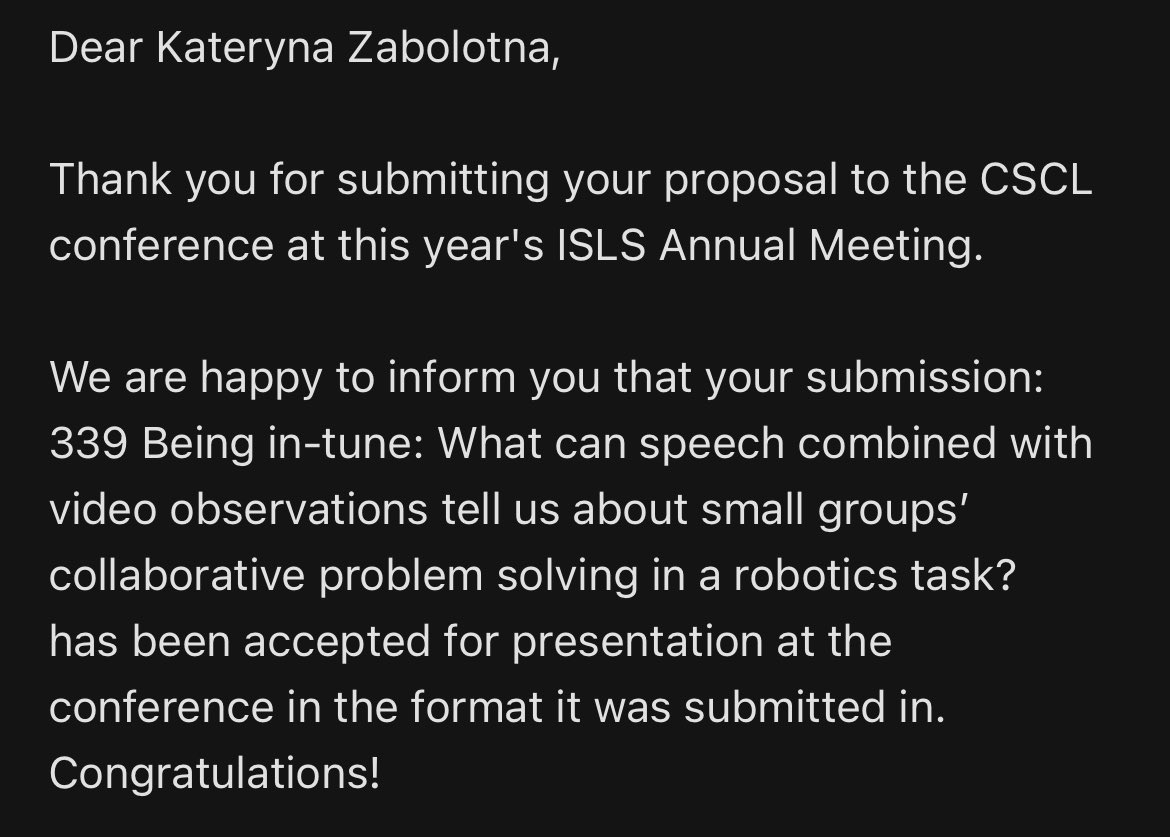 Yass!! Thrilled to present our work to the global #CSCL community during @ISLS2023 in Montreal! @JonnaMalmberg @spikol. Now only need to get a visa 😅😀 @LET_Oulu #LETresearch #LETpeople