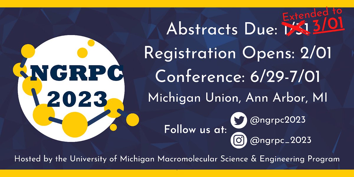 POLY_ACS's tweet image. NGRPC 2023 Call for Abstracts- Abstract Deadline is NEXT Wednesday!
Complete NGRPC info at ngrpc2023.engin.umich.edu
@MichiganChem 
#NGRPC #gradconference #undergrad #polymergrads