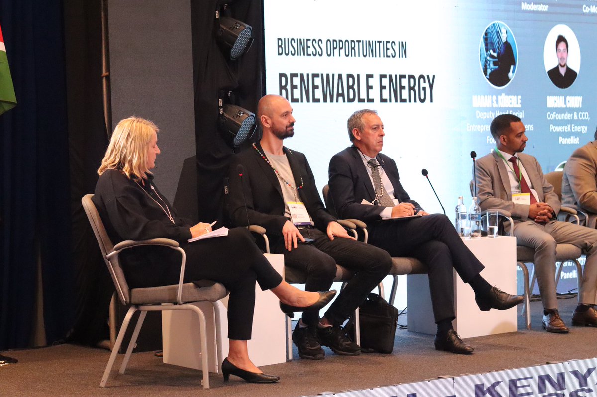 GermanyinKenya's tweet photo. Final day of the #EUKenyaBusinessForum. #RenewableEnergy panel, moderated by 🇩🇪 Chamber of Commerce Ms. Maren Diale & Mr. James Mwangi #KurrentTech, joined by PS Energy Mr. Wachira, MoE's Eng. Kiva, Mr. Kabengele of 🇩🇪 #Fitchner. #PowerXEnergy #AltenErnegias #Hydrobox #Ecoener https://t.co/CniQs4VdNS