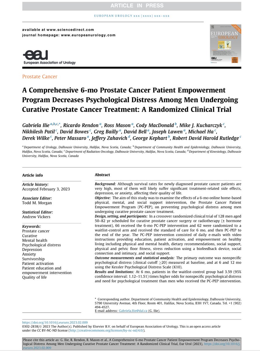 PC-PEP delivered early following diagnosis significantly prevented the burden of psychological distress in men undergoing curative prostate cancer treatment compared with standard of care, or late (6 mo later) intervention. Now In Press, European Urology. #DalCHE #DalMedDean