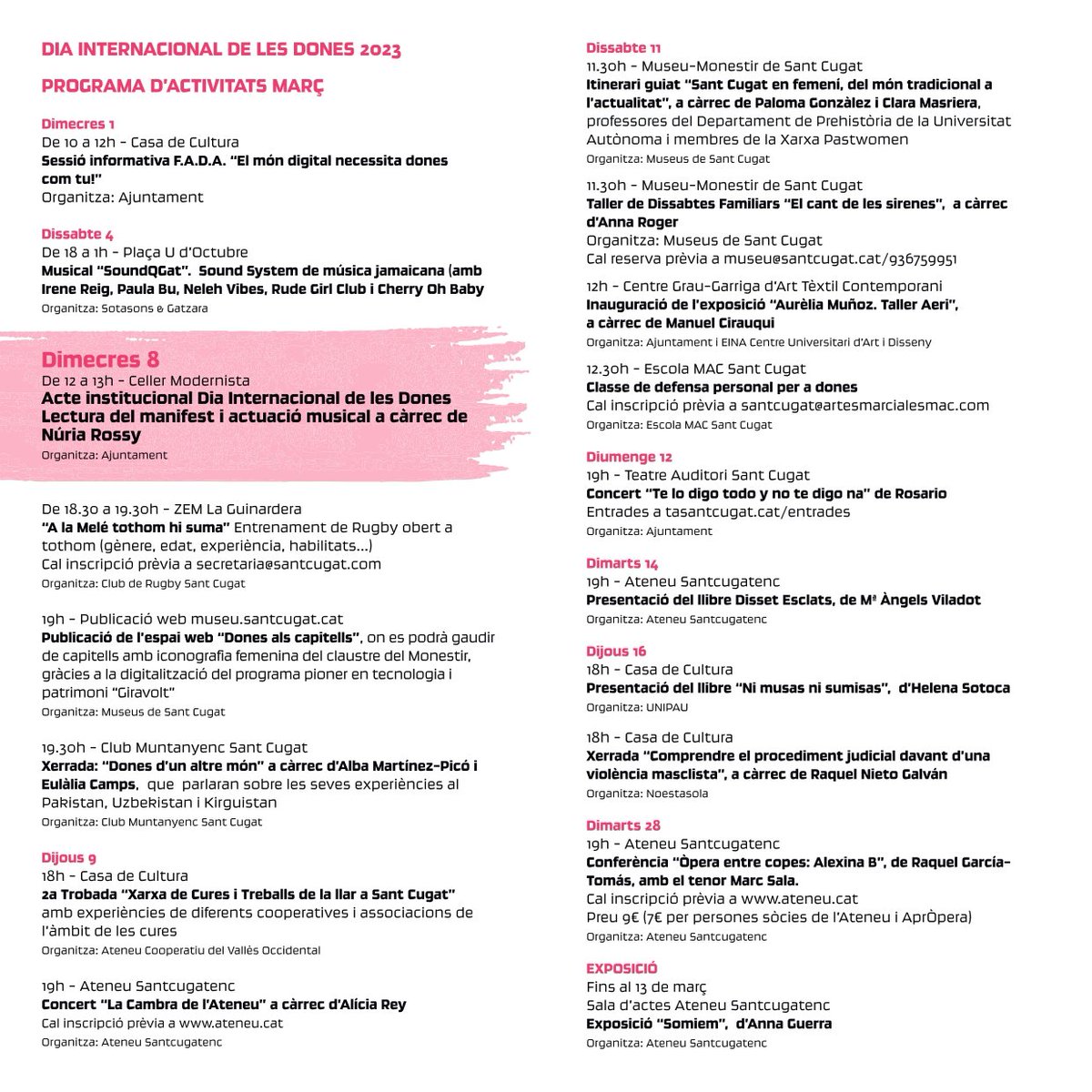 Aquí teniu el programa d'actes que es farà a Sant  Cugat durant tot el mes de març dintre de l'agenda d'activitats del 8M, dia internacional de les dones. 
Ja podeu organitzar-vos! 
💜
<a href="/ajsantcugat/">Aj. Sant Cugat</a> 
#8M #diadeladona #santcugat