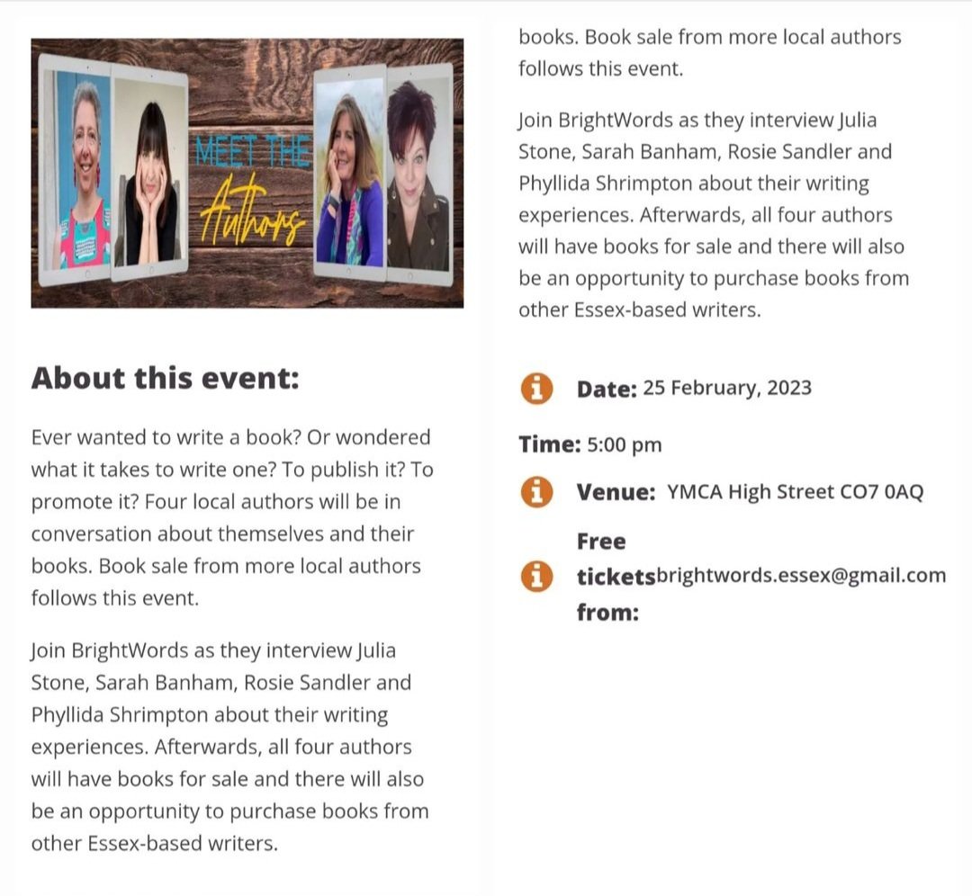 sjbwrites's tweet photo. #LitEvent: Sat 25th Feb 5pm #Brightlingsea #YMCA. Tickets are free and can be secured via the email addy below. Come join us 😊📚 
#BrightlingseaLiteraryFestival #Essex #EssexAuthors
@RosieSandler @JulesTake3 #PhillidaShrimpton @lotenauthor 
@BBCEssex #Writingcommunity pls RT https://t.co/Me01F2L2x3