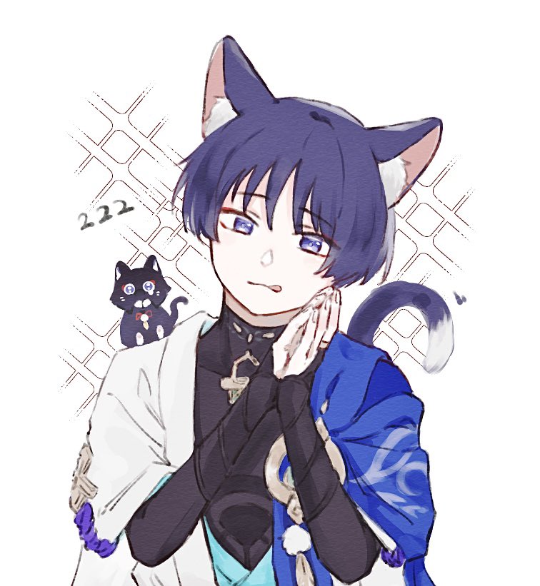 scaramouche (genshin impact) animal ears tongue cat ears cat tail tail male focus 1boy  illustration images