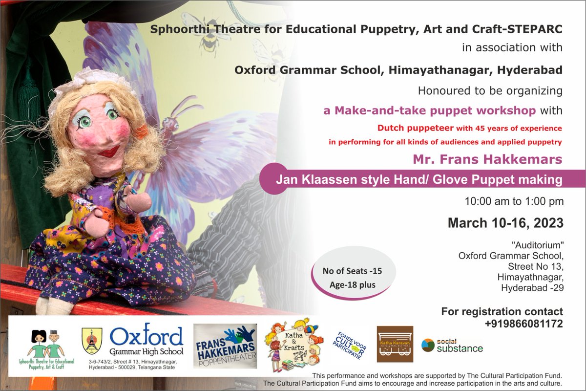 over2deepa's tweet photo. Folks in Hyderabad.
My dear friend and talented Puppeteer Padmini, founding member of Sphoorthi Theatre for Educational Puppetry, Art and Craft-STEPARC, has organized this wonderful learning opportunity. 
Get to make &amp; take two puppets, &amp; perform.
https://t.co/fVqK2UI61D https://t.co/bov5lIOnft