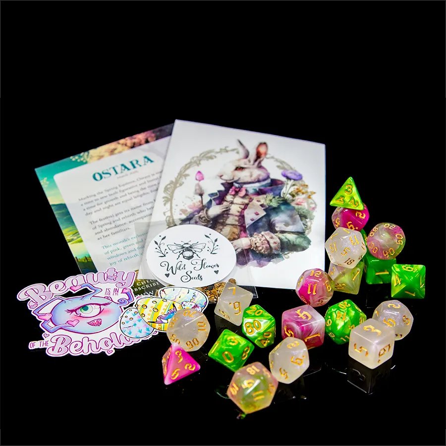 This Month's sub box! Celebrating Ostara, a time for laying plans and sewing seeds, both figuratively and litterally.
Our featured set, 'Ostara' is vibrant pink and green blended with whispy white, capturing a bright, fresh spring vibe!
#valkyrierpg #dice #ttrpg #subbox