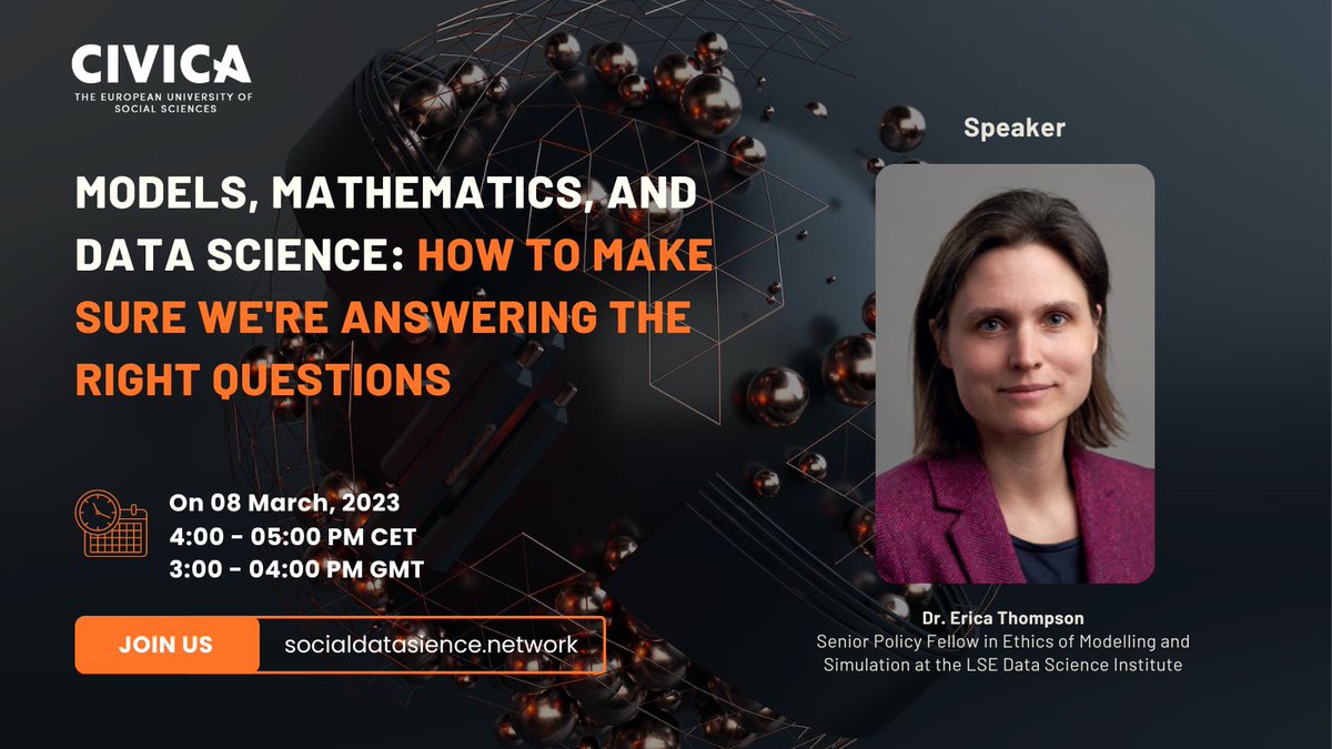 Driving decision-making with data 🚗 

The next #CIVICADataScience seminar will explore how to make sure that we answer the right questions when using models, mathematics, and data science.

🗣️ Dr Erica Thompson
🔗 bit.ly/3SnySuH | #LSE #DataScience