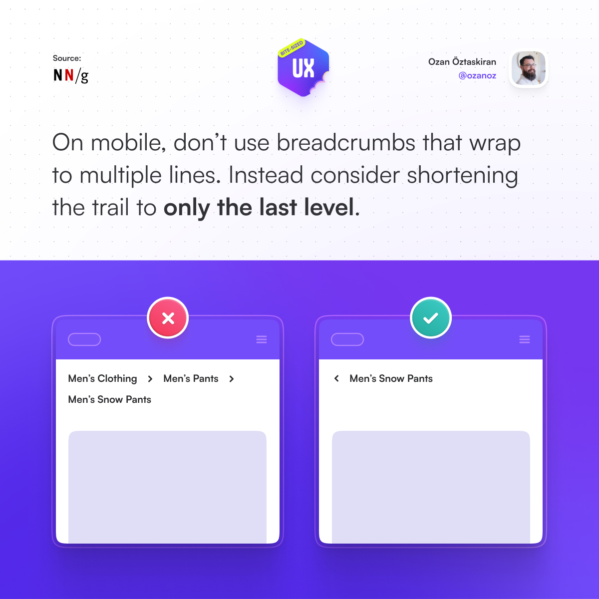 ozanoz's tweet photo. On mobile, don’t use breadcrumbs that wrap to multiple lines. Instead consider shortening the trail to only the last level.

#BiteSizedUX #Breadcrumbs #ProductDesign https://t.co/Uw7c5VL6XK