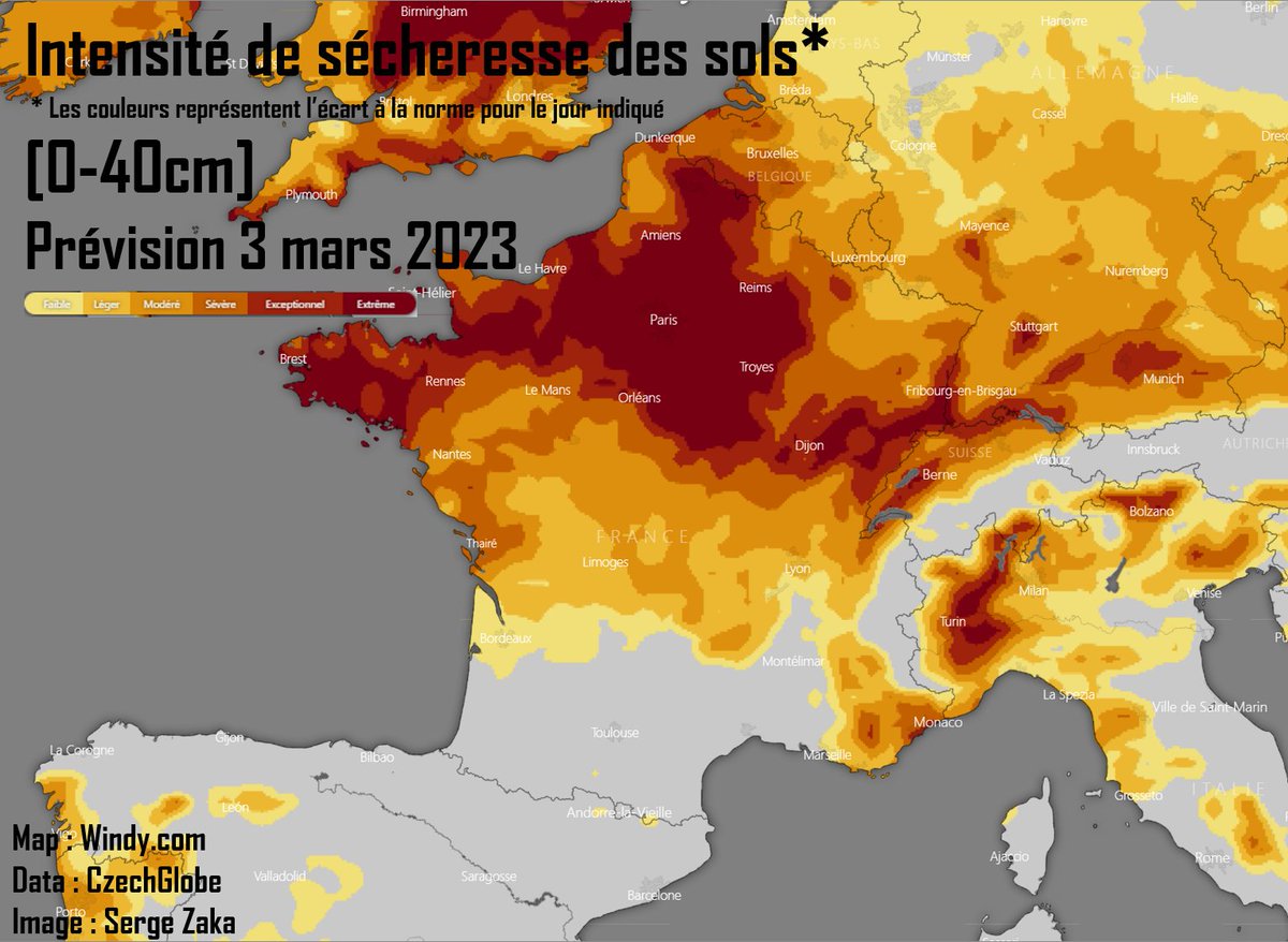 Après 32j sans chute significative (record absolu), la pluie revient en France.
Amélioration relative ? Le nord resterait en marge. L'indice hydrique des sols agricoles atteindrait des niveaux records pour un début mars (en moyenne -20% d'eau dans les sols par rapport à 2022)
1/2