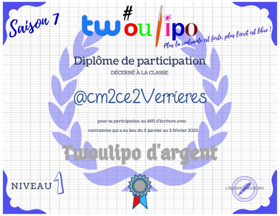 Le diplôme d'argent est attribué à <a href="/CEChateau/">Hyper</a> et <a href="/cm2ce2Verrieres/">Classe_CE2_CM2_Verrieres</a> 
Félicitations !
