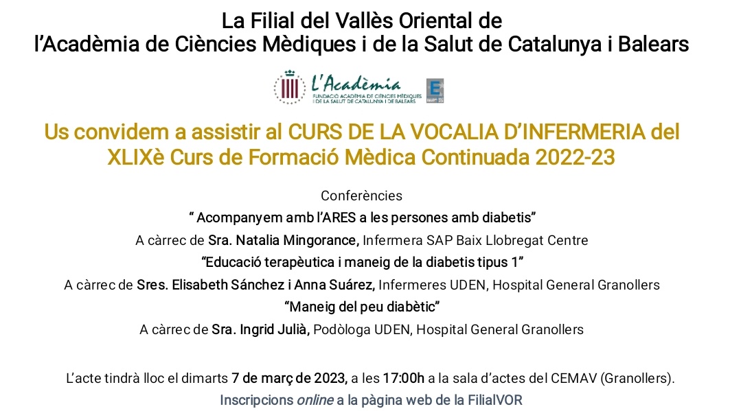 FilialVOR's tweet photo. #cursinfer 📢 AVÍS CURS FILIAL. Propera activitat formativa el dia 7 de març, de 17:00-20:00h, a la sala d'actes del CEMAV. Curs de diabetis, organitzat per la Vocalia d'Infermeria de la @FilialVOR. Inscripcions: https://t.co/OuPRBAfUvr https://t.co/zvr3GlC0QI