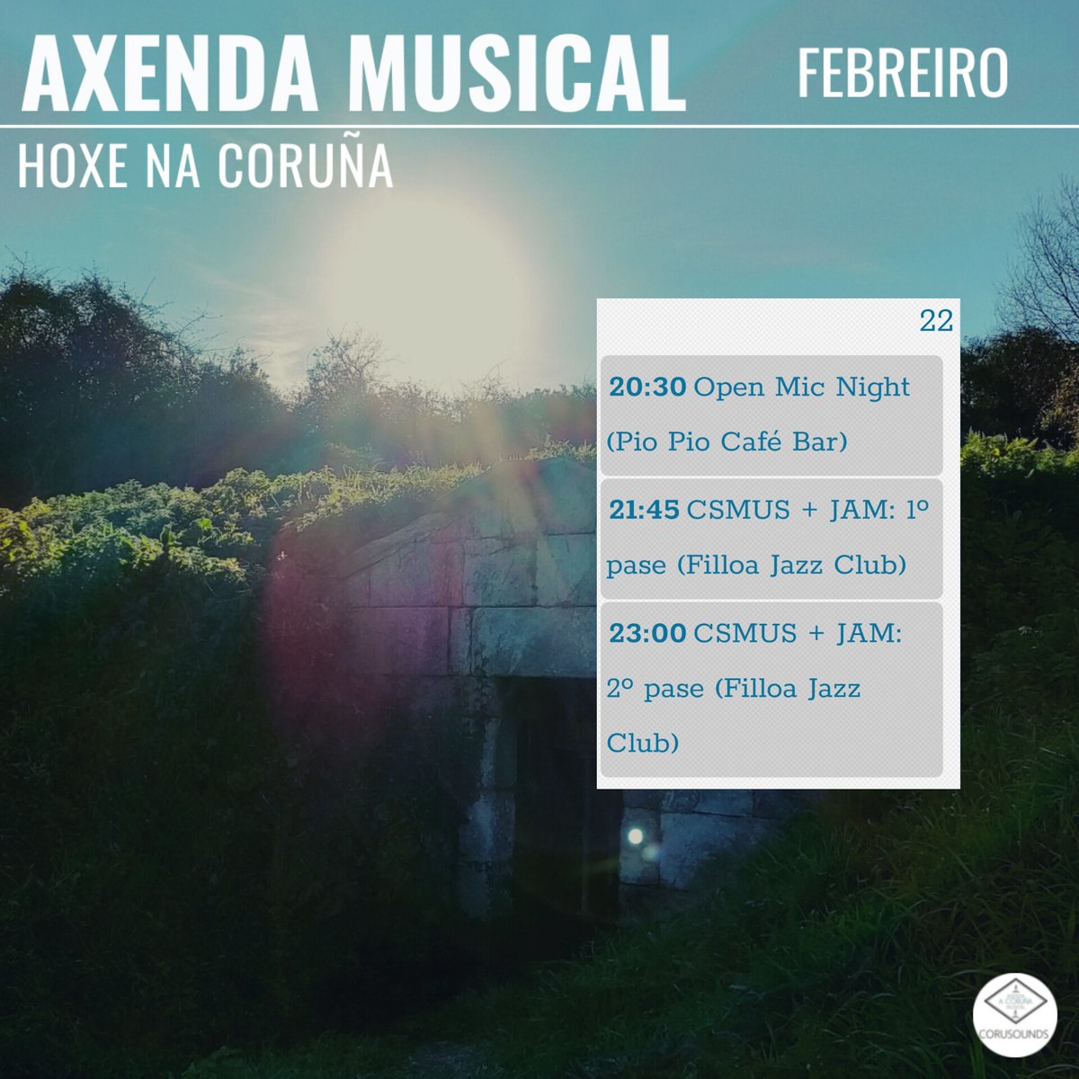 Hoxe na Coruña... 
.
.
.
Podes ver todos os concertos programados este ano en: corusounds.emiweb.es/agenda
#ACoruña #Coruña #AxendaMusical #AgendaMusical #Musica #Concertos #Concertos #Cultura #culturaparatodos #CulturaSegura
