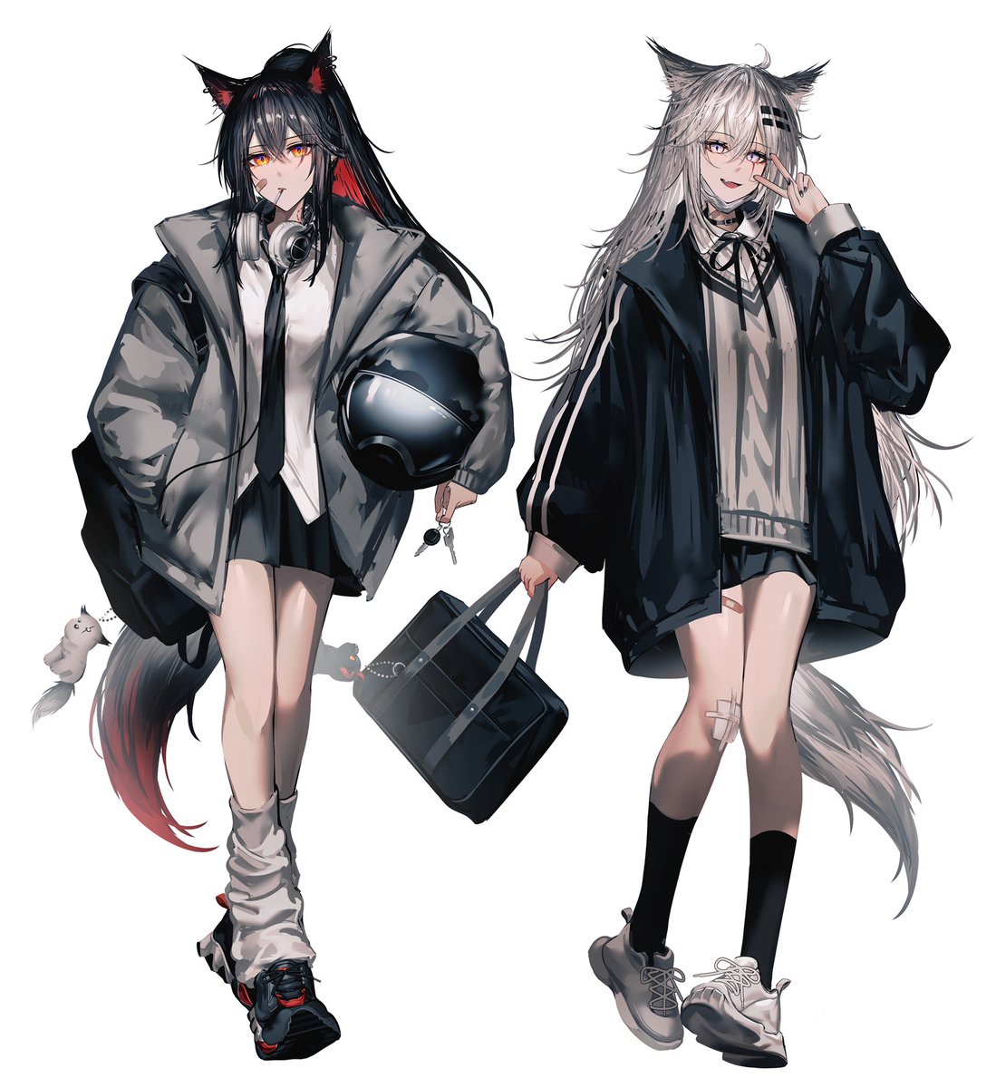 lappland (arknights) ,texas (arknights) multiple girls 2girls animal ears skirt bag tail headphones  illustration images