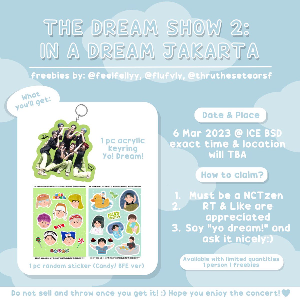 thruthesetearsf's tweet photo. ♡ THE DREAM SHOW 2: JAKARTA ッ
— freebies by @feelfellyy @flufvly @thruthesetearsf

📅6 Maret 2023 (DAY 3)
⏰TBA

RTs &amp; likes are appreciated, do the rules and find us ッ🫶🏻

See you at the venue 🧚🏻‍♀️ #THEDREAMSHOW2_in_JKT #TDS2inJAKARTA https://t.co/KflZn2Z2vP