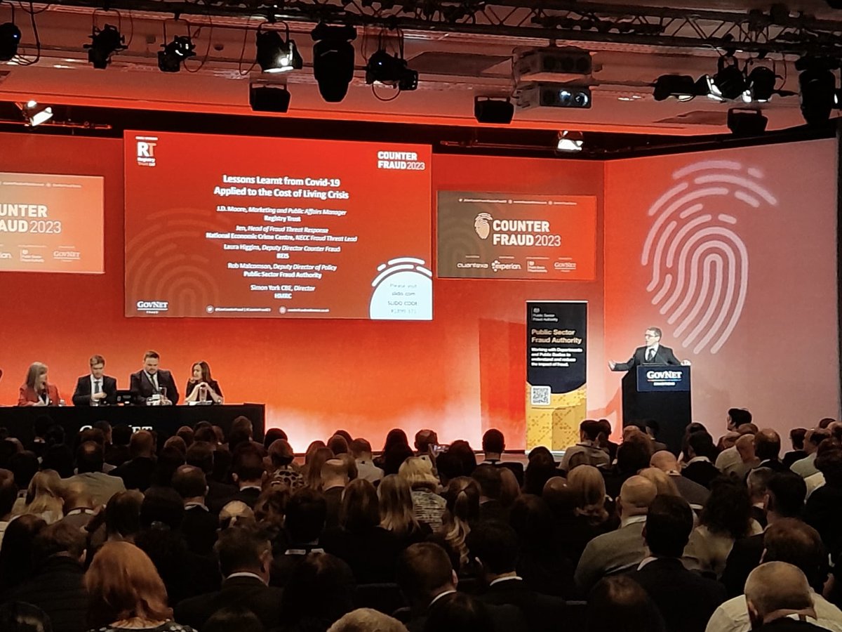 GovCounterFraud's tweet photo. Our keynote opening panel is underway with @regsitry_trust @BEISgovuk @cabinetofficeuk @HMRCgovuk and @NCA_UK offering some fantastic insights into lessons learnt from covid-19 #CounterFraud23 https://t.co/VJoDmz8l9y