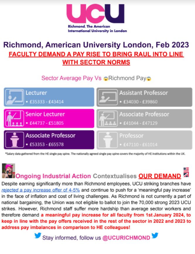 UCUrichmond's tweet photo. ⚡️✊ @UCUrichmond have launched a pay claim and are entering salary negotiations with @richmonduni  due to faculty pay being vastly and shamefully out of sync with sector norms. We deserve and demand better! RT if you support us! ⚡️✊
https://t.co/k1WLww1Ep0 https://t.co/Wrv1aiP1t2