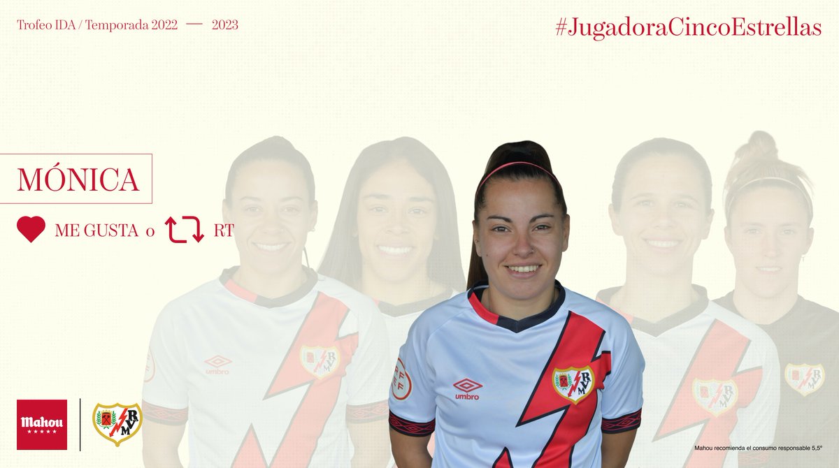 FundRayoFem's tweet photo. 🗳️⚡️ ¡RAYISTAS! (3/6)
🔁❤️ RT o MG para votar a Mónica como #JugadoraCincoEstrellas de la primera vuelta @futbolmahou

#IlusiónCincoEstrellas
#RayoFemenino ⚡️ https://t.co/GdukSCx39O