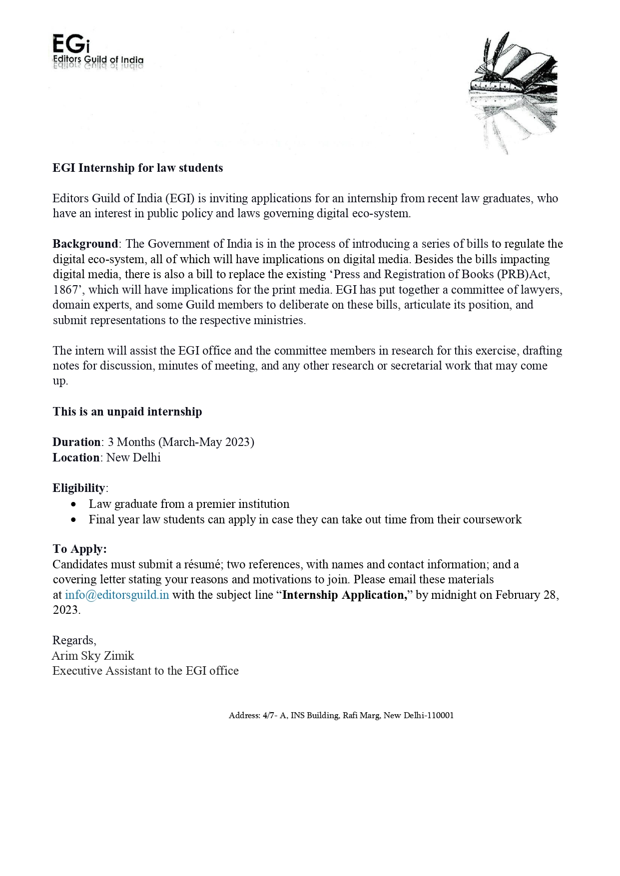 Editors Guild of India on Twitter: "INTERNSHIP ALERT: EGI is inviting