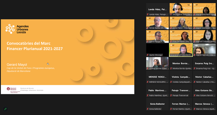 👥Hoy estamos desarrollando un #webinar en la Xarxa de les Agendes Urbanes (XAUL) de la <a href="/diba/">Diputació de Barcelona</a>. 

🏙️Hablamos de las oportunidades del nuevo MFP 2021-2027 y los Fondos #NextGeneration para la financiación de actuaciones de las #AgendasUrbanasLocales.