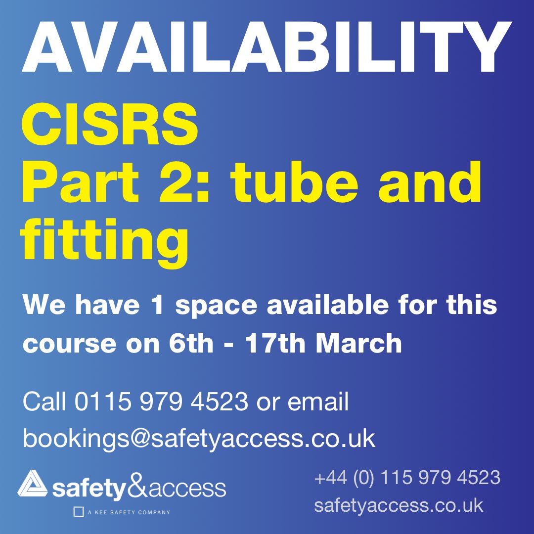 Safetyaccess's tweet photo. 𝟭 𝗦𝗣𝗔𝗖𝗘 𝗥𝗘𝗠𝗔𝗜𝗡𝗜𝗡𝗚
CISRS PART 2: tube and fitting

6th-17th March
Nottingham
Book:
Call: 0115 979 4523
Email: Bookings@safetyaccess.co.uk

https://t.co/q9mHKbTJnu

#cisrs #cisrspart2 #cisrspart2training #scaffold #scaffoldpart2 #scaffoldtraining #scaffoldingtraining https://t.co/vVwzU9XTZV