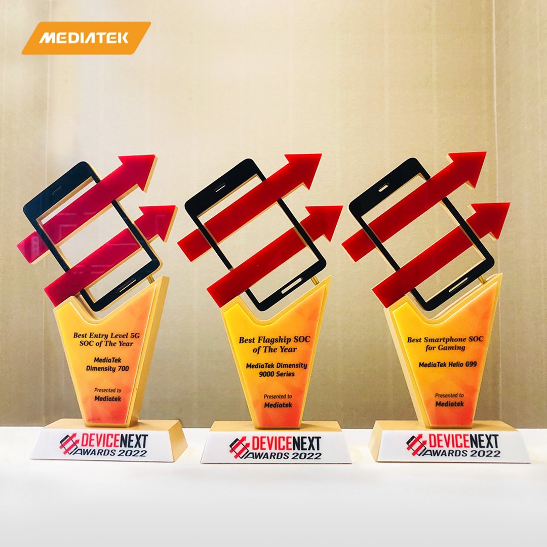 MediaTek won at the DeviceNext Awards 2022 in three categories- Best Entry Level 5G SOC of The Year: #MediaTekDimensity700, Best Flagship SOC of The Year: #MediaTekDimensity9000 Series and Best Smartphone SOC for Gaming: #MediaTekHelioG99. 
mediatek.com

@DeviceNXT