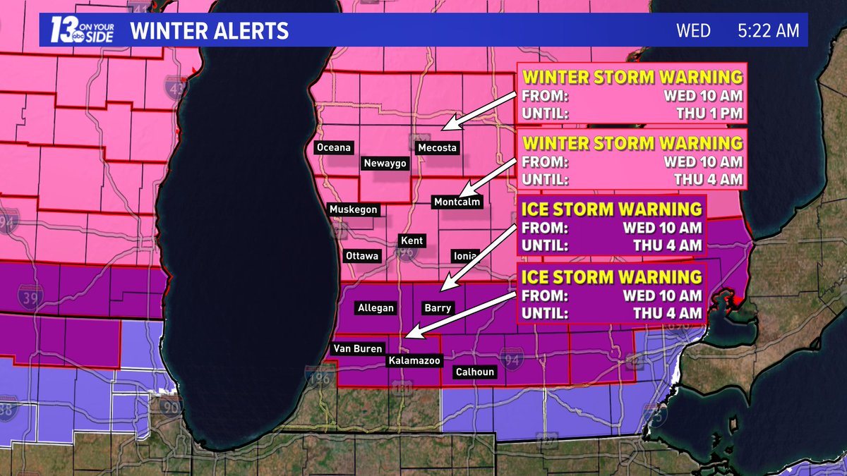 WXSamantha's tweet photo. This morning on @wzzm13 we are tracking a rare and dangerous ice storm. Just hours away from becoming widespread. #wmiwx #UpWith13 https://t.co/TRBhtWQ8w3