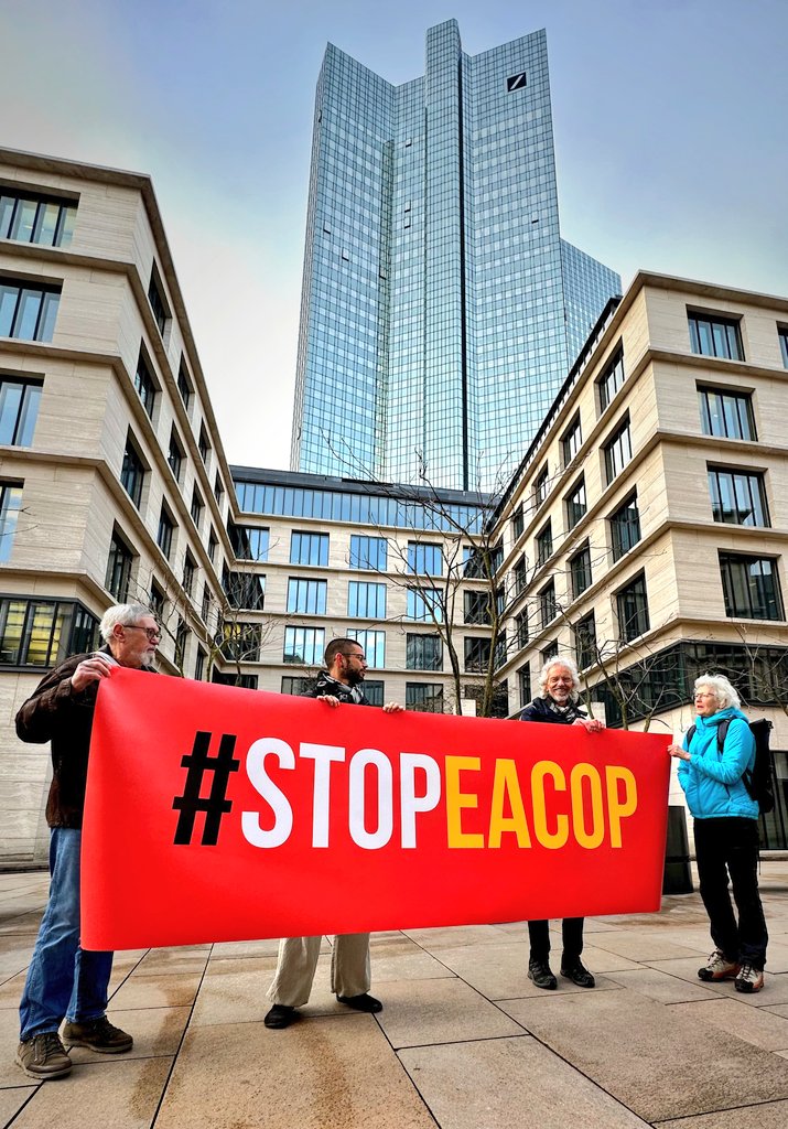 c_j_crew's tweet image. #StopEACOP because it is a dirty business not respecting environment and people. Despite signing the #EquatorPrinciples, SMBC, Standard Bank, and Standard Chartered invest. #CJC and @350Deutschland came to Frankfurt in solidarity with @stopEACOP to demand them to step away!