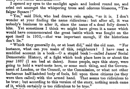 WMCommonweal's tweet photo. #OTD William Morris worked his experience of the November 1887 Bloody Sunday events in Trafalgar Square into his utopian novel News from Nowhere. In Morris's communist future, the Square is transformed into an apricot orchard. #Commonweal 6.215 (Feb 22, 1890) #WilliamMorris https://t.co/FPW0rOzG4l
