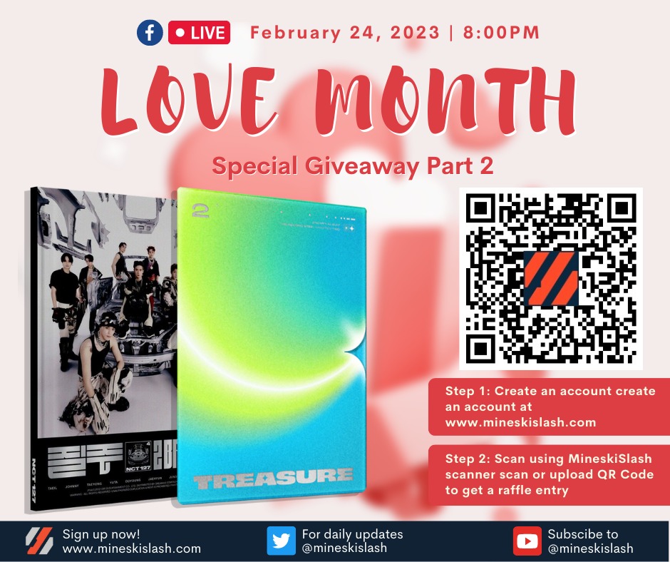 MineskiSlash's tweet photo. GOODEVENING SLASHERS!
#LoveMonth #GiveawayAlert!
Scan the QR code now to get your raffle entries!
Watch our Live Online Raffle Draw on Friday,
February 24, 2023 at 8:00 PM!
See you all and good luck!
#MineskiSlash #SlashDaily #SlashCard
#KPOP #NCT127 #TREASURE https://t.co/SXbGcGTAH5