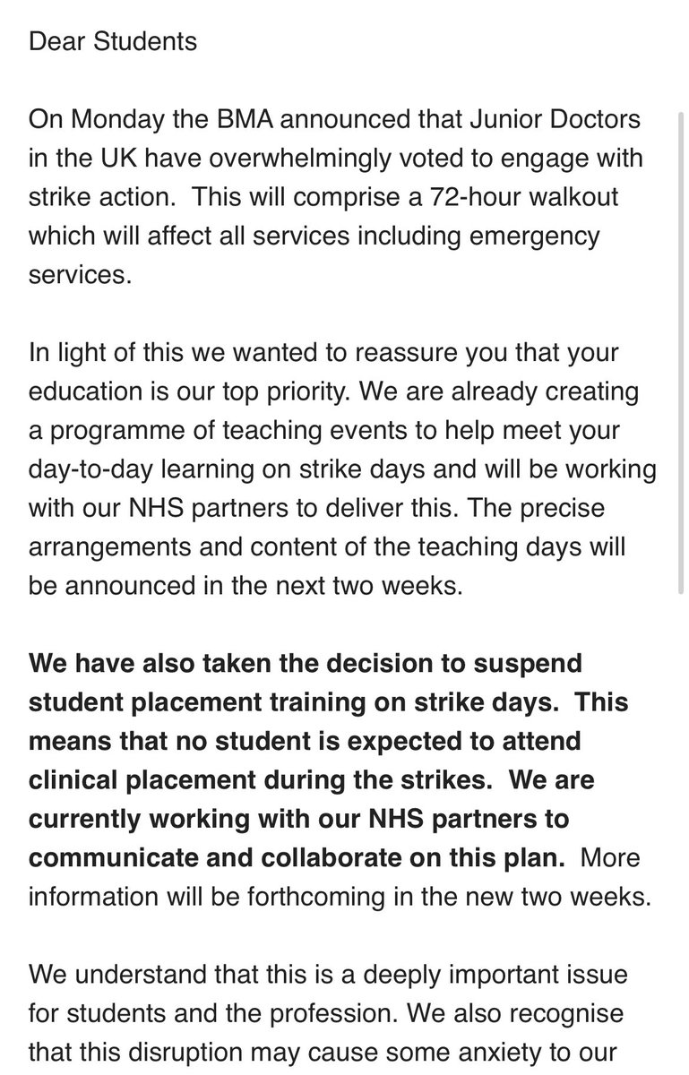 Happy to see that my medical school has taken the decision to suspend placement on any strike days by @BMA_JuniorDocs