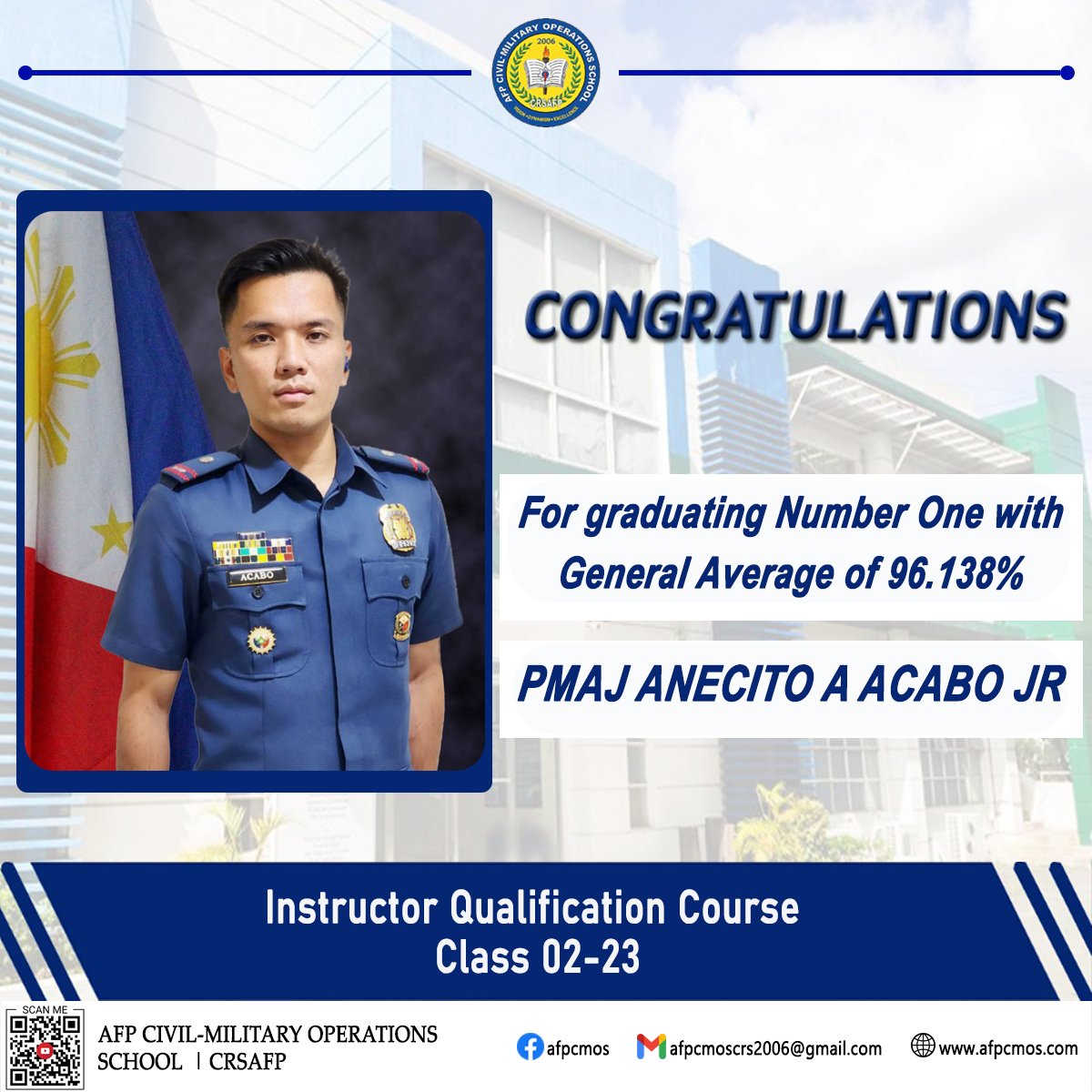 PNPAOfficial's tweet photo. Congratulations to the Company Tactical Officer of Golf Company, CCPNP PMAJ Anecito Acabo Jr for graduating on top of Class 02-23 of the Instructor Qualification Course (IQC) of fhe AFP Civil-Military Operations School!
We are very proud of you! https://t.co/UowCXZWvEb